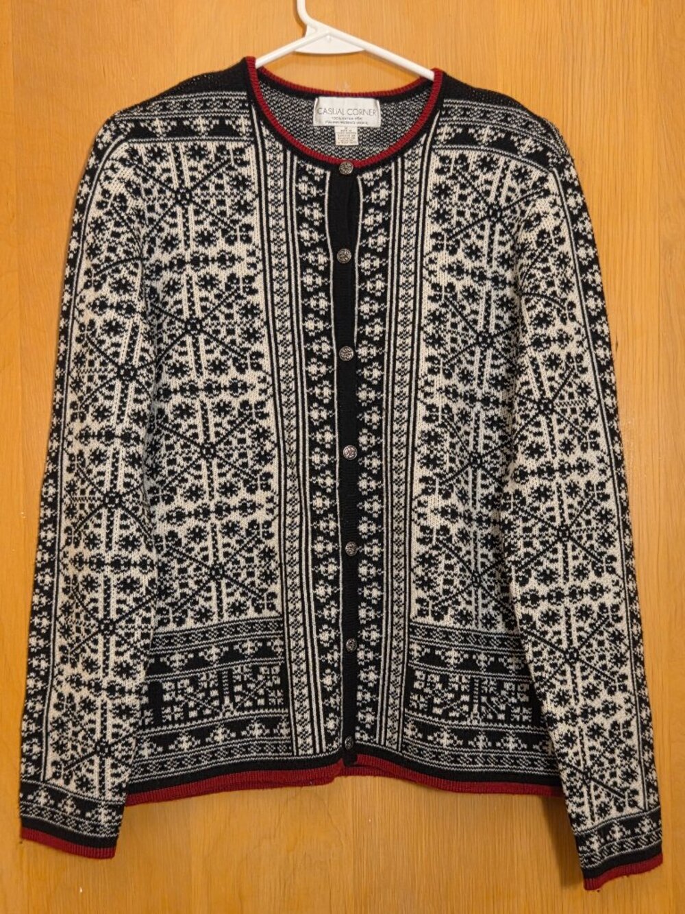 Vtg Casual Corner Button Up Wool Cardigan Sweater Size M Black Fair Isle Nordic